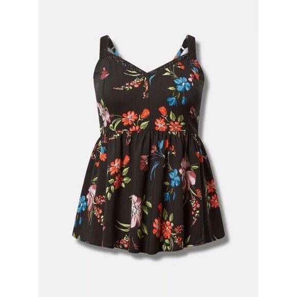 Torrid Black Red Blue Purple Floral Crochet Strap Peplum Challis Tank Top 1X - Picture 10 of 10